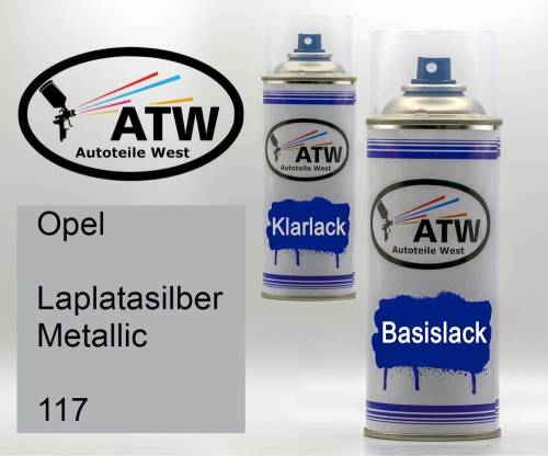 Opel, Laplatasilber Metallic, 117: 400ml Sprühdose + 400ml Klarlack - Set, von ATW Autoteile West.